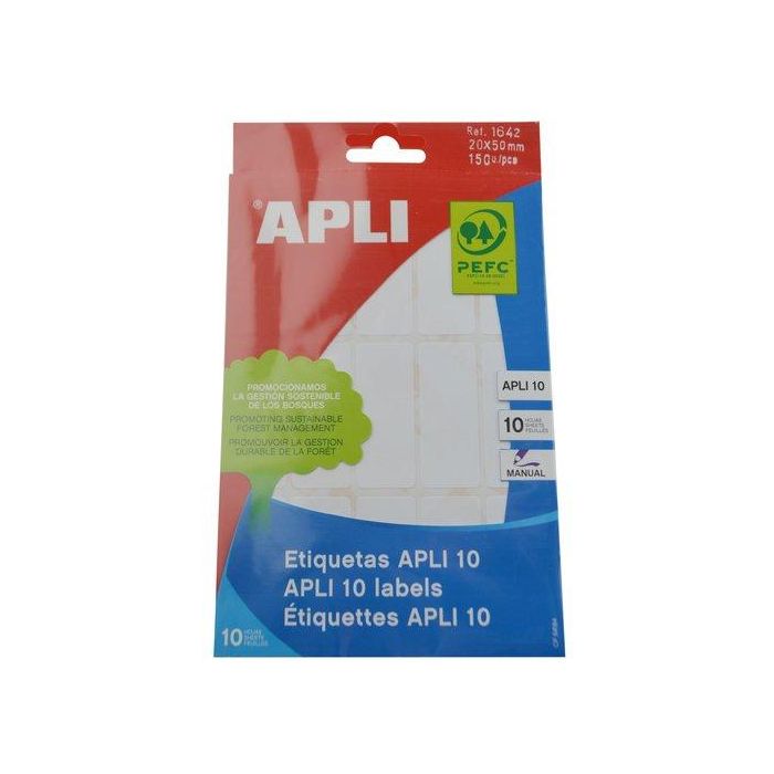 Apli Etiquetas Adhesivas Blancas 20x50 mm para Escritura Manual, Pack de 10 Hojas (150 etiquetas), Adhesivo Permanente