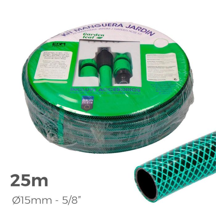 Edm Kit Manguera de Jardín 25 m (5/8" 15 mm), Manguera Flexible PVC 3 Capas Anti-Algas con Accesorios, Color Verde 1