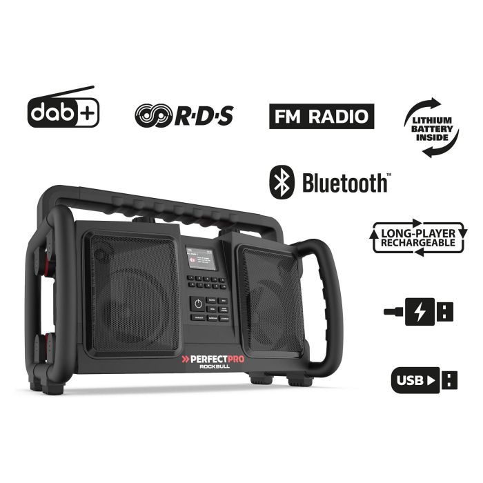 PerfectPro ROCKBULL Radio Portátil 50W, DAB+/FM, Bluetooth, Resistente IP65 a Polvo/Agua/Golpes, Batería 12000mAh 16h, Negro