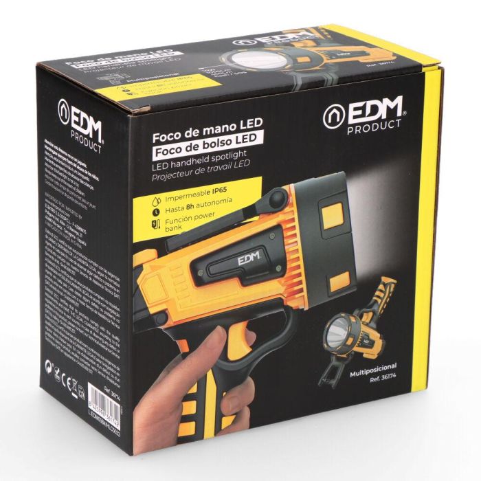 Edm Foco de mano LED 10W 1000/400lm Flash/SOS, Batería 2x2200mAh, IP65, Power Bank, USB Tipo C 4