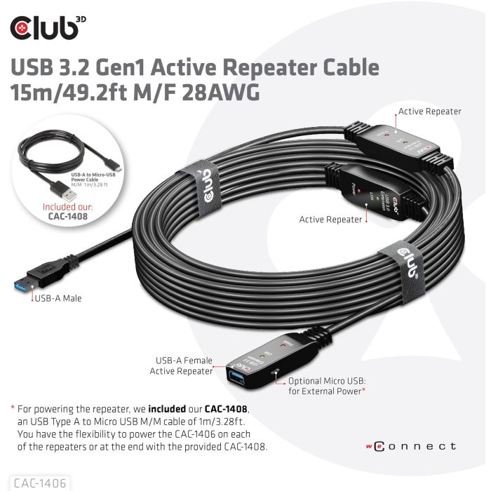 Club3D USB 3.2 Cable de Extensión Activo 15m 5 Gbps Macho/Hembra 6
