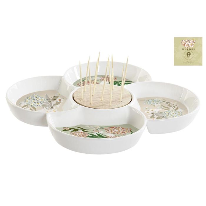 DKD Home Decor Bandeja para Aperitivos Tradicional, Gres y Bambú, Verde Beige, 22 cm Ancho x 22 cm Largo x 3 cm Alto, Apta Lavavajillas