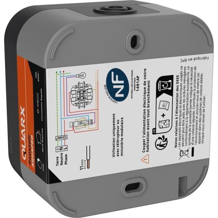 Pulsador - QUARX - Aqua Pro - Exterior, 250 V, 10 A, IP55, conforme a NF 1 Pulsador - QUARX - Aqua Pro - Exterior, 250 V, 10 A, IP55, conforme a NF 1