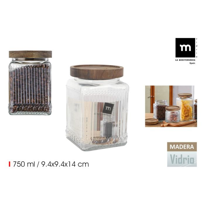 La Mediterranea Tarro de Vidrio Cuadrado con Tapa de Madera Lignes 0.75L - 9.4x9.4x14 cm (24 Unidades)