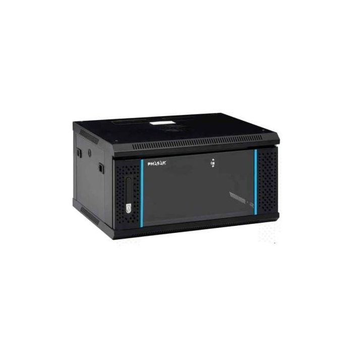 Phasak PHO 2106D Armario Rack Mural Desmontado 19" 6U 600x450 Puerta Perforada Ventiladores Vidrio Templado