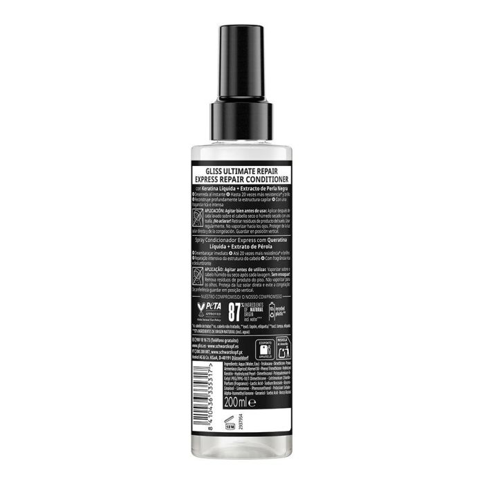 Schwarzkopf Mass Market GLISS ULTIMATE REPAIR Acondicionador Spray Cabello Dañado con Queratina Líquida, 200 ml