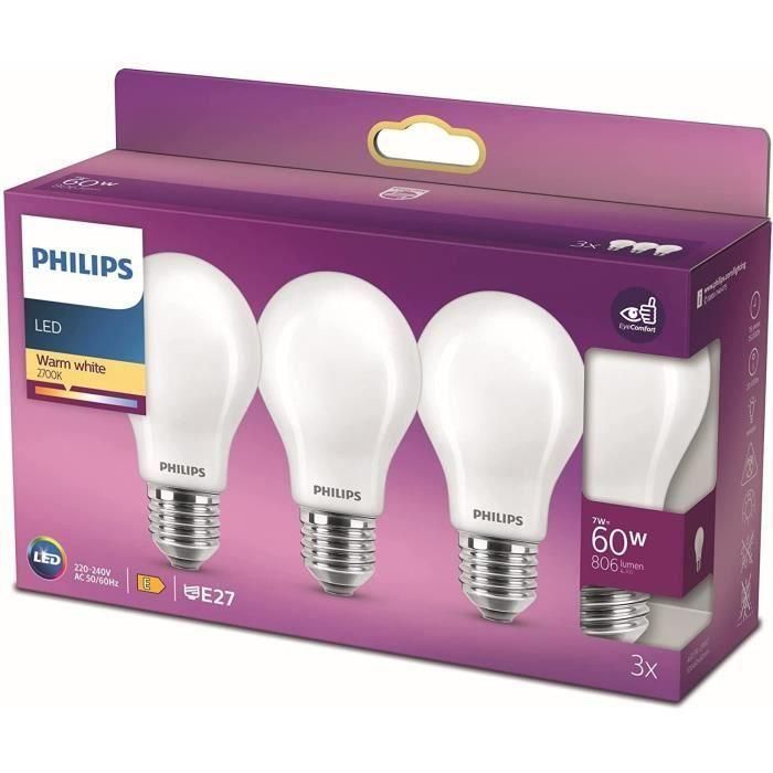 Philips, paquete de 3 E27 LED Bulbos de 60 W, blanco cálido Philips, paquete de 3 E27 LED Bulbos de 60 W, blanco cálido