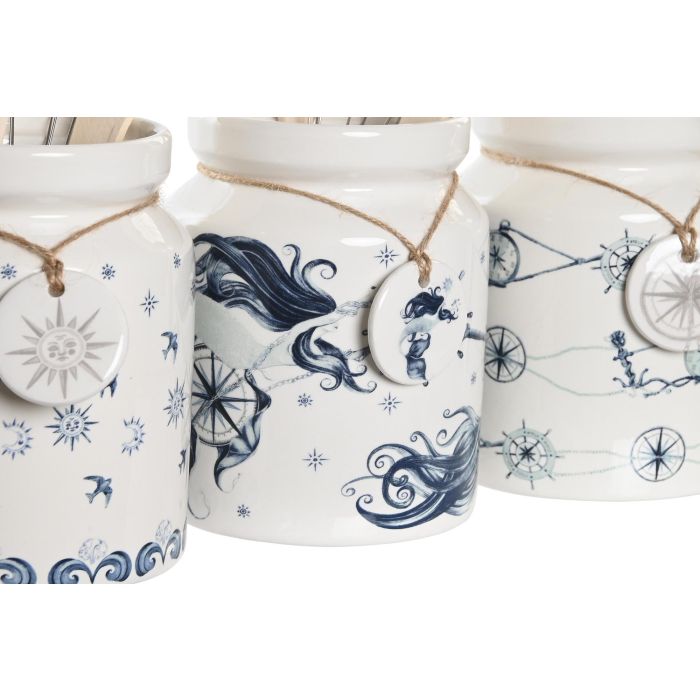 DKD Home Decor Stella Maris Bote Utensilios Azul Blanco Dolomita Metal MDF 12 x 25 x 12 cm Set 5 uds 1