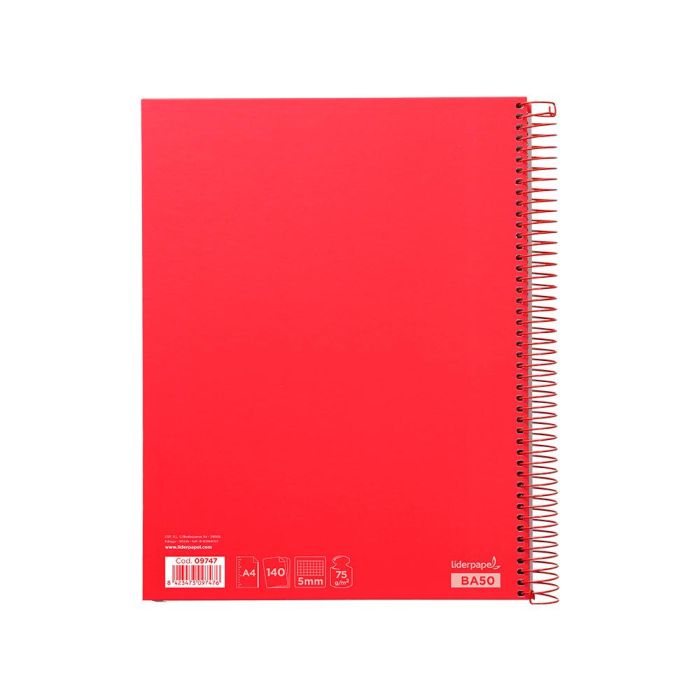 Cuaderno Espiral Liderpapel A4 Micro Jolly Tapa Forrada 140H 75 gr Cuadro 5 mm 5 Bandas 4 Taladros Color Rojo 2