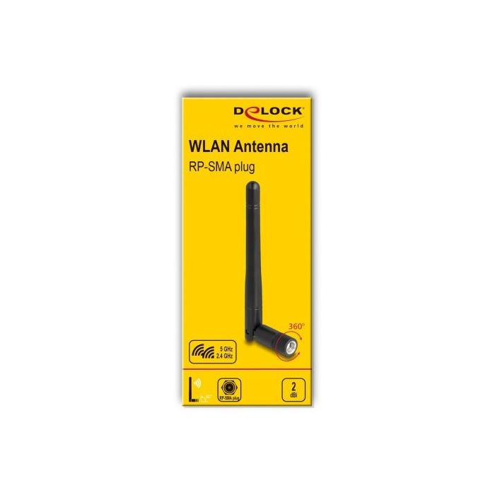 DeLock WLAN 802.11 ac/ax/a/b/g/n Antenne RP-SMA Stecker 2 dBi omnidirektional mit Kippgelenk schwarz 2 DeLock WLAN 802.11 ac/ax/a/b/g/n Antenne RP-SMA Stecker 2 dBi omnidirektional mit Kippgelenk schwarz 2
