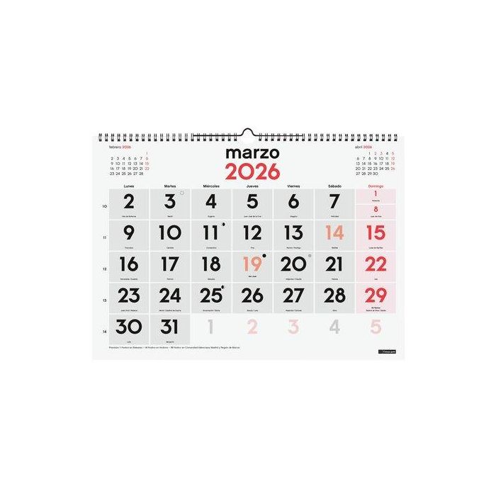 Finocam L-430x310 mm Mv Neutro Calendario de Pared Números Grandes 2026, con espiral y colgador, festivos y fases lunares