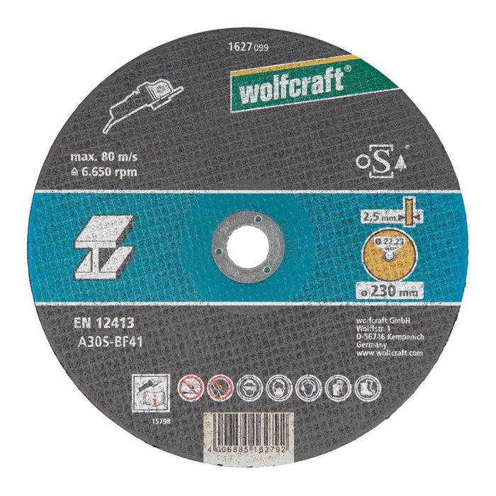 Wolfcraft Disco corte para metal Ø230x2,5x22,23mm 1627099, para tronzar en amoladoras angulares, velocidad máxima 80m/sec 0 Wolfcraft Disco corte para metal Ø230x2,5x22,23mm 1627099, para tronzar en amoladoras angulares, velocidad máxima 80m/sec 0