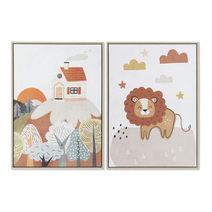 DKD Home Decor Cuadro Decoración para Habitación Infantil Multicolor 73x53 cm de Lienzo y PS. Juego de 2 Cuadros con Diseños Variados