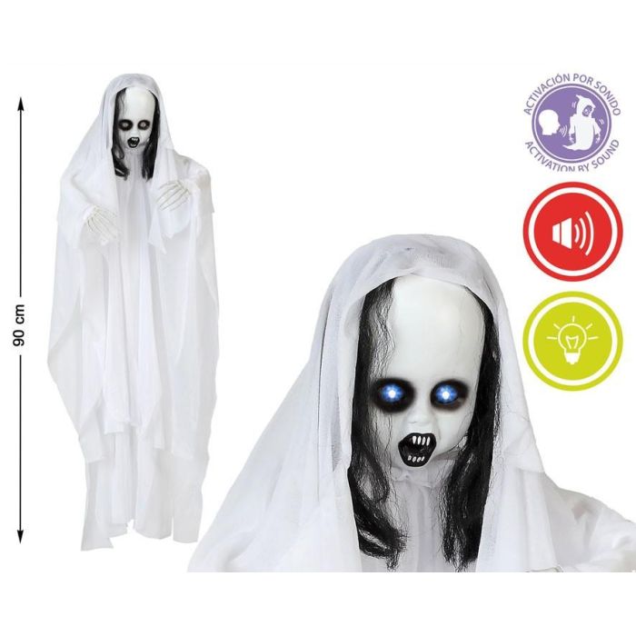 Colgante Niña Fantasma 90 cm con Ojos Luminosos y Sonido Activado por Ruido - Decoración de Terror