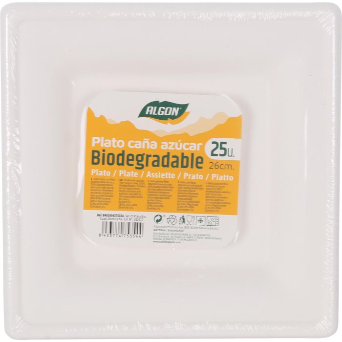 Algon Set 25 Platos Cuadrados Bio 26 cm Caña (8 Unidades)