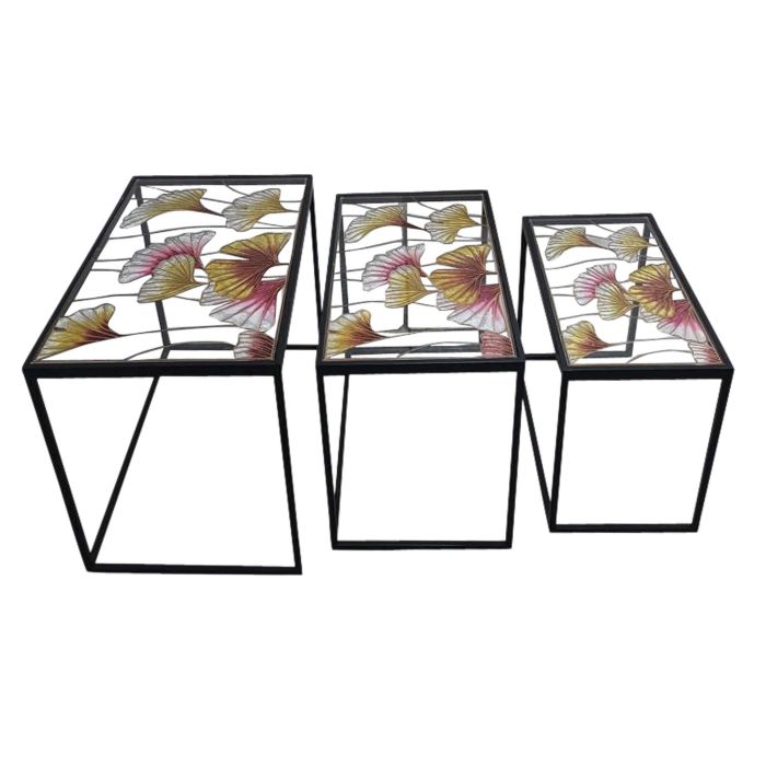 DKD Home Decor Mesita Auxiliar Tropical Set de 3 con Hojas, de Metal y Cristal, Amarillo Negro, 40x60x50cm