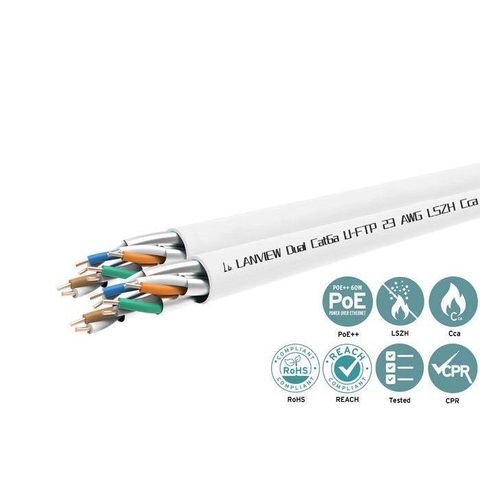 Lanview 305m Cat6a U-FTP Dual cable 2x(4x2xAWG23) LSZH white, Fire class: Cca 2 Lanview 305m Cat6a U-FTP Dual cable 2x(4x2xAWG23) LSZH white, Fire class: Cca 2