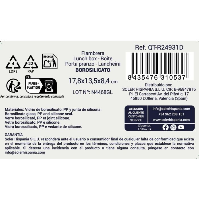 Fiambrera Rect.Herm.17.8X13.5Cm 800Cc "Qt (6 Unidades) 3 Fiambrera Rect.Herm.17.8X13.5Cm 800Cc "Qt (6 Unidades) 3