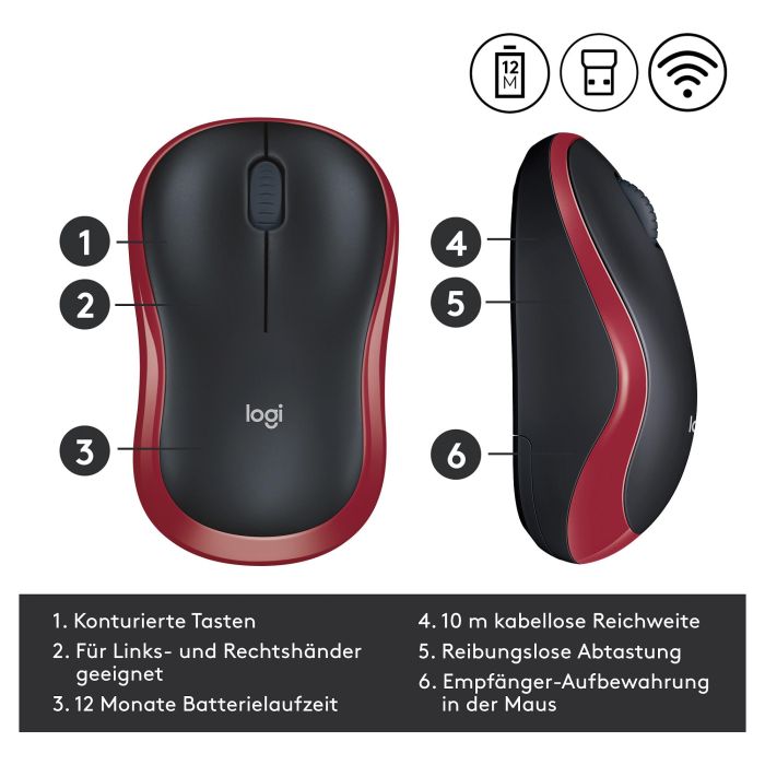 Logitech M185 Ratón Inalámbrico Óptico Rojo para Ordenadores Windows y Mac, Plug and Play, Larga Duración Pila 13