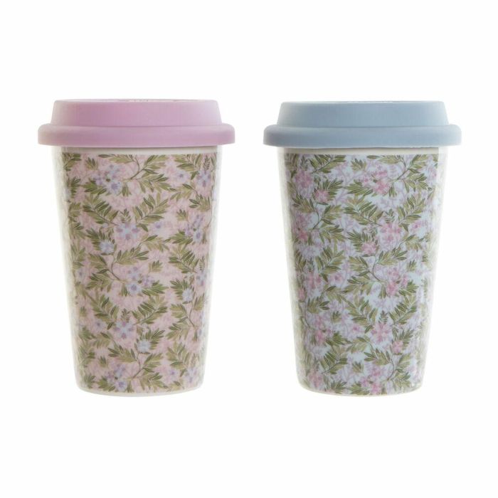 Taza Mug DKD Home Decor Azul Verde Rosa Silicona Porcelana Flores (400 ml) (3 pcs)