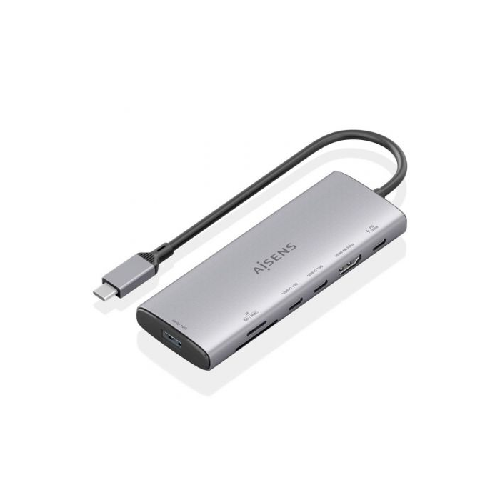 Aisens ASUC-7P031-GR Docking USB Tipo-C 7 en 1 con HDMI 4K, 3xUSB 10Gbps, Lector Tarjetas y PD 100W Gris