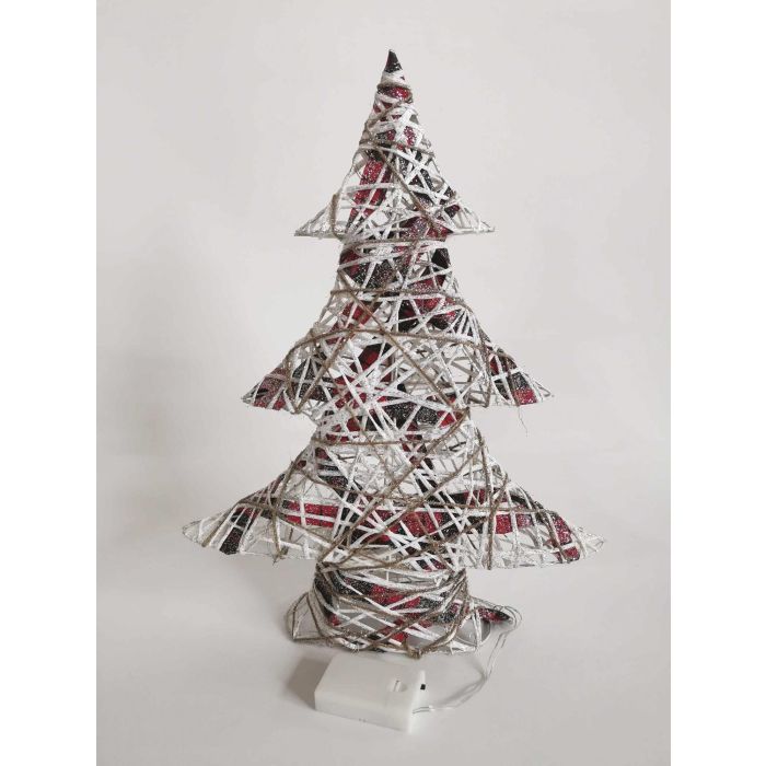 DKD Home Decor Árbol de Navidad Alpina Natural Blanco con Luz LED y Ratan, 50 cm Alto (40x10 cm), Funciona con 3 Pilas AA