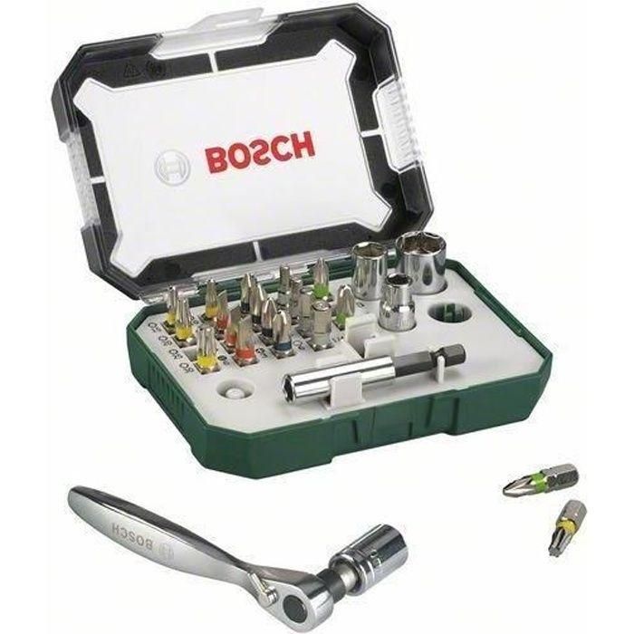 Bosch Juego de Puntas Destornillador y Trinquete, 26 piezas con código color: 19 puntas 25mm (PH, PZ, S, T, HEX), 4 casquillos y soporte magnético