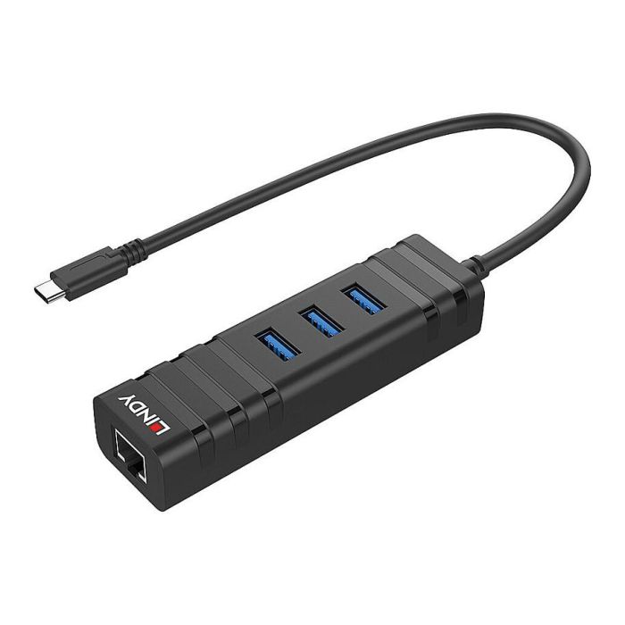 Lindy Hub y Convertidor Gigabit Ethernet USB 3.2 Type C con 3 Puertos USB 3.0 Type A