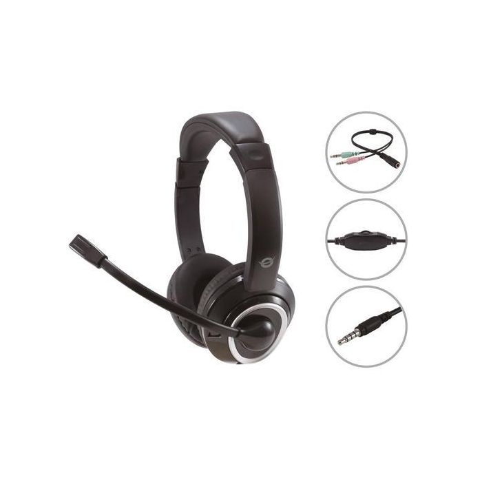 Conceptronic Auriculares con Micrófono Flexible, Jack 3.5 mm, Control de Volumen, Incluye Adaptador 1 a 2, Negro