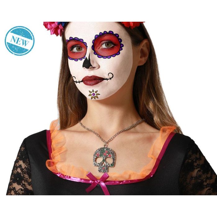 Collar de Calavera Plateada con Piedras Rojas para Día de Muertos / Halloween, Ideal para Disfraz de Catrina