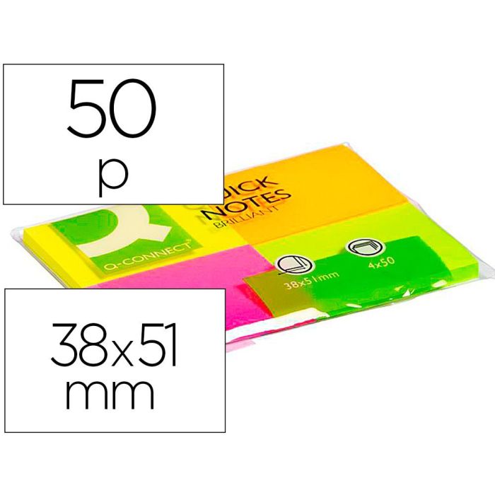 Bloc De Notas Adhesivas Quita Y Pon Q-Connect 38x51 mm Con 50 Hojas Fluorescentes Pack De 4 Unidades 10 unidades