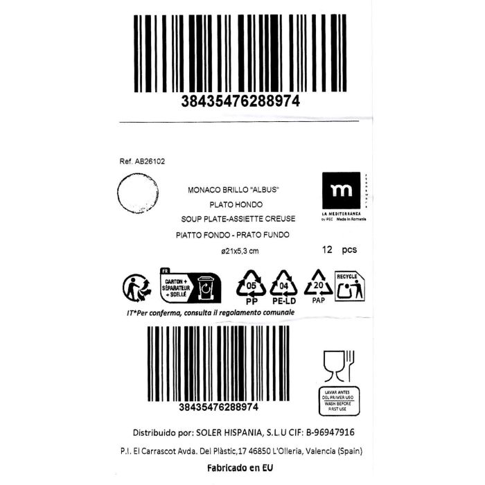 La Mediterranea Plato Hondo Albus Monaco Brillo 21 cm (12 Unidades) 1