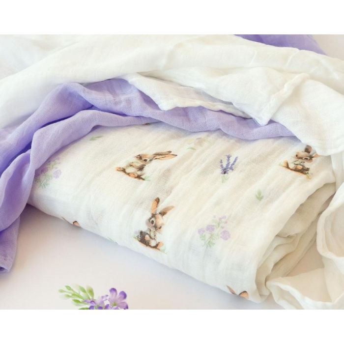KioKids Set 3 Muselinas Conejitos, Lavanda y Blanco 70x70 cm Bambú y Algodón Certificado Oeko-Tex 1
