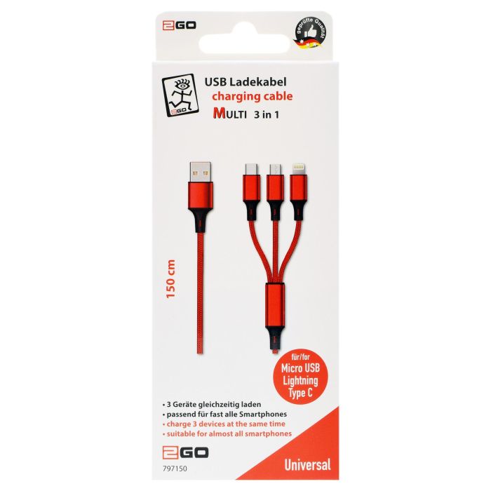 2GO 797150 Cable de Carga USB 3 en 1, USB-A a USB-C/Micro-USB/Lightning, 1.5m, Nylon, Rojo, 3A 1