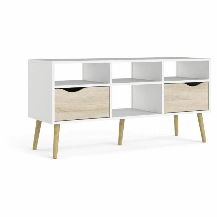 TVILUM 7539149AK Mueble para Televisión con 4 Nichos y 2 Cajones, Acabado Blanco y Roble, 117,2x39,1x57,4 cm