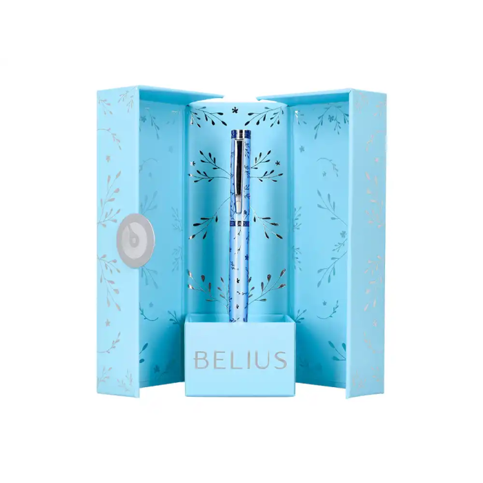 Belius Boligrafo Bella Aluminio Azul Celeste Diseño Plateado Relieve Tinta Azul Caja de Diseño 5