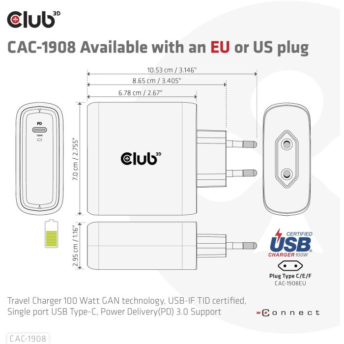 Club3D GaN retail Cargador USB Tipo C PD 100W, Viaje, Alimentación Rápida para Portátil, Móvil, Consola, Negro 6