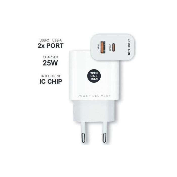 Cargador de Pared Tech One Tech TEC2267/ 1xUSB Tipo-C/ 1xUSB/ 3A/ Blanco 1