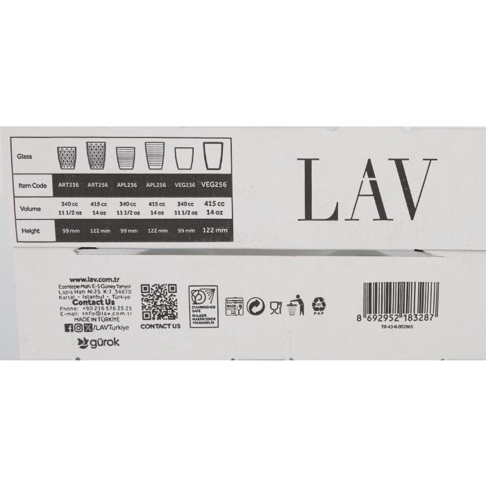 LAV Set 4 Vasos Vega "B" 415 cc Medidas 9x9x12 cm (12 Cajas)