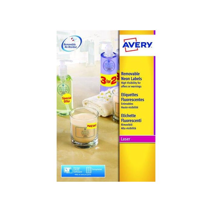 Etiquetas Adh.Impr.Avery A4 Fluor Rojo C.Romos Caja 25H 99,1X38,1 Mm 350 Uds.(L7263R)