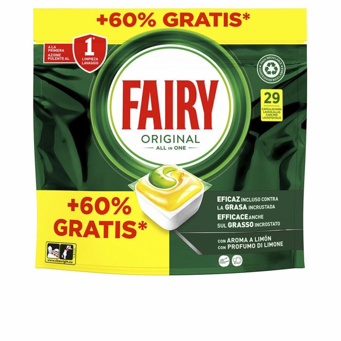 Fairy Todo en 1 Limón Cápsulas Lavavajillas 29 Unidades. Potente Limpieza Antigrasa con Sal y Abrillantador, Protege Plata y Cristal. Fairy Todo en 1 Limón Cápsulas Lavavajillas 29 Unidades. Potente Limpieza Antigrasa con Sal y Abrillantador, Protege Plata y Cristal.