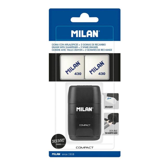 Milán Goma con afilalápices negro Compact Serie Especial Shadow + 2 gomas de recambio, sacapuntas doble con depósito 1
