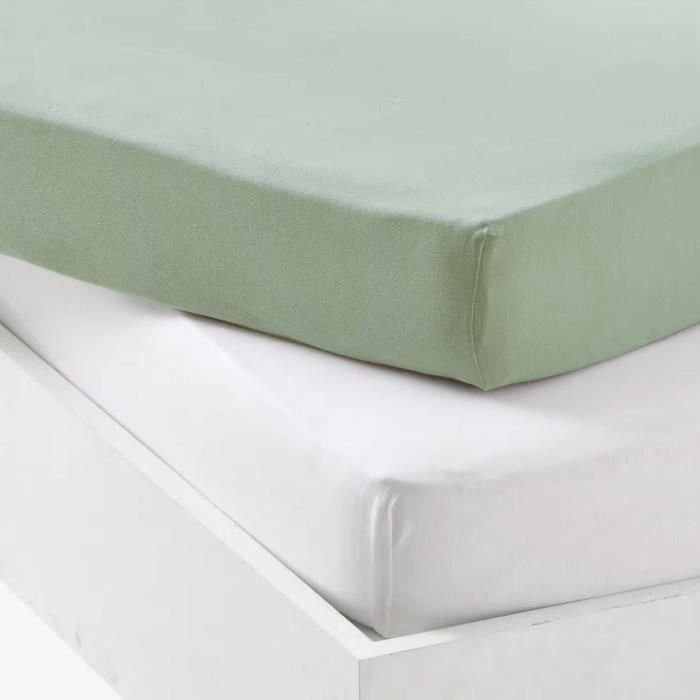 Juego de 2 sábanas bajeras - P'TIT DODO - Jersey - 70 x 140 cm - Blanco / Verde grisáceo 1 Juego de 2 sábanas bajeras - P'TIT DODO - Jersey - 70 x 140 cm - Blanco / Verde grisáceo 1