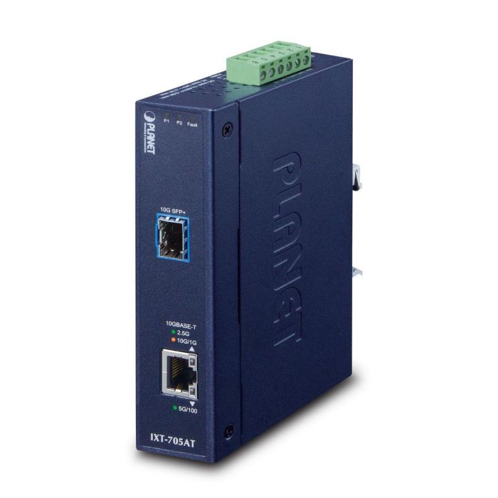 PLANET IXT-705AT Convertidor de Medios Industrial Ethernet 10G/5G/2.5G/1G/100M Cobre a Fibra SFP+ IP30 Amplio Rango Temperatura PLANET IXT-705AT Convertidor de Medios Industrial Ethernet 10G/5G/2.5G/1G/100M Cobre a Fibra SFP+ IP30 Amplio Rango Temperatura