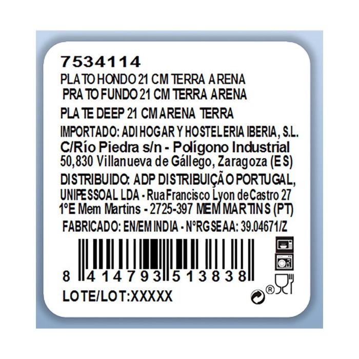 Plato Hondo Porcelana Terra Ariane 21 cm (6 Unidades)