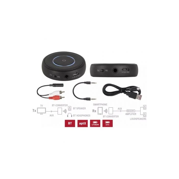 Fonestar BT-CONVERTER Transmisor y Receptor de Audio Bluetooth Inalámbrico con Tecnología AptX y Doble Conexión Simultánea, Hasta 14h Autonomía