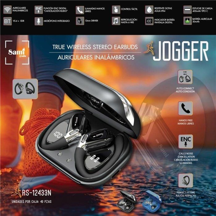 SAMI Auriculares JOGGER Inalámbricos TWS de Silicona con Aro y LCD, Negro - Auric. Sami JOGGER negro silicona c/aro TWS LCD día
