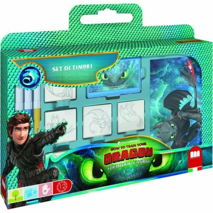 Multiprint 7888 Caja para sellos temática Dragón con 7 sellos madera y látex, rotuladores Giotto y álbum para colorear