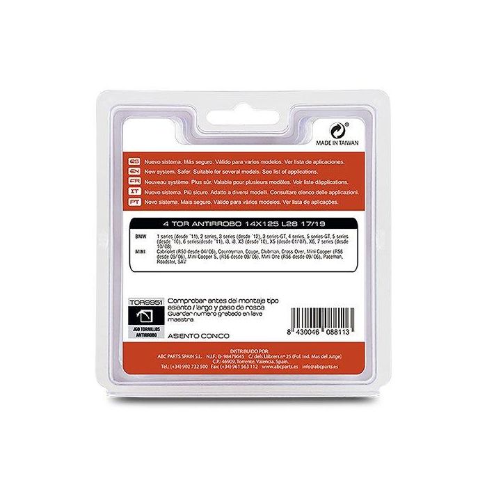 Mini TOR9951 Antirrobo 14x125 L28 17-19 4 Tornillos Black Chrome para Mini X5, X6, Serie 7 2