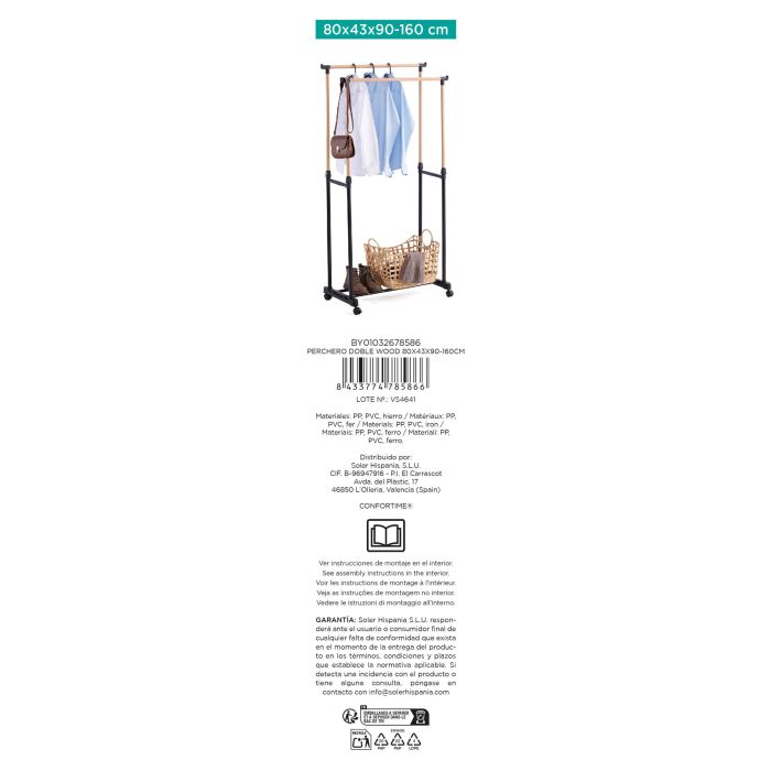 Confortime Perchero Doble Wood 80x43x90-160 cm - Barra Ajustable de Acero y Madera (6 Unidades) 5
